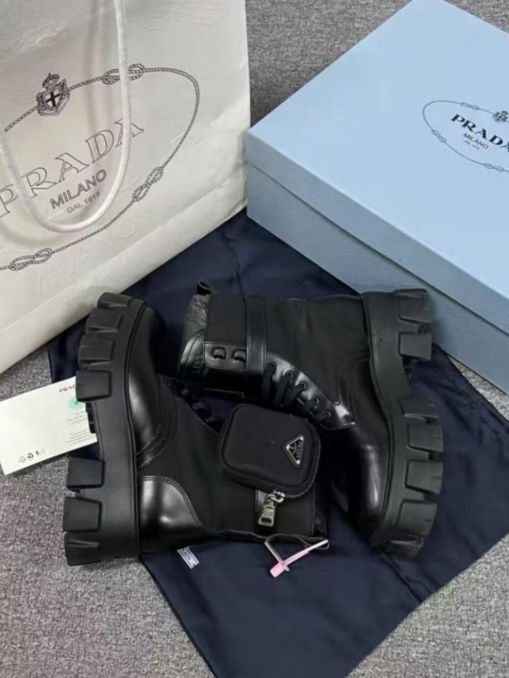Prada Black Leather Removable Pocket Chunky Platform Boots - Picture 3 of 5